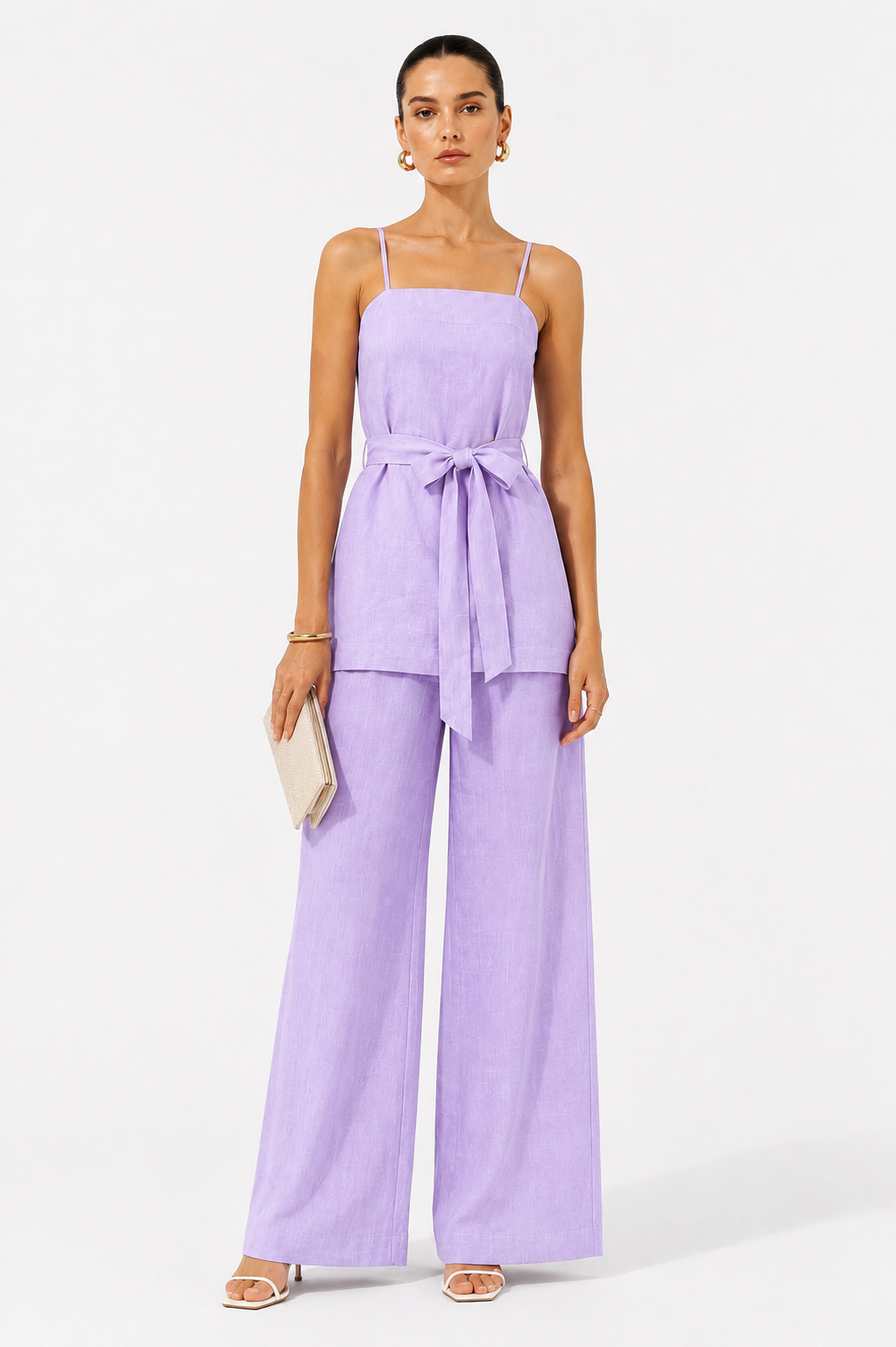 Lune pastel lavender linen set styled with a clutch