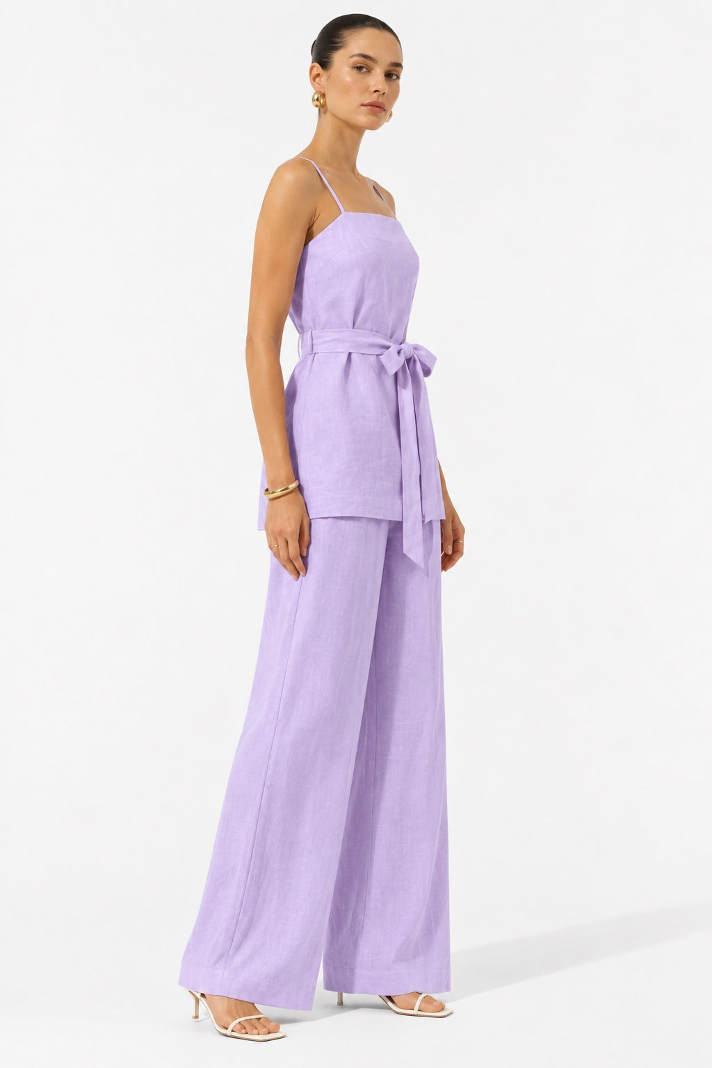 Pastel lavender Lune linen co-ord set for women three-quarter view
