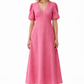 Meadow linen dress for women in pink with V-neck, puff sleeves and flowy silhouette