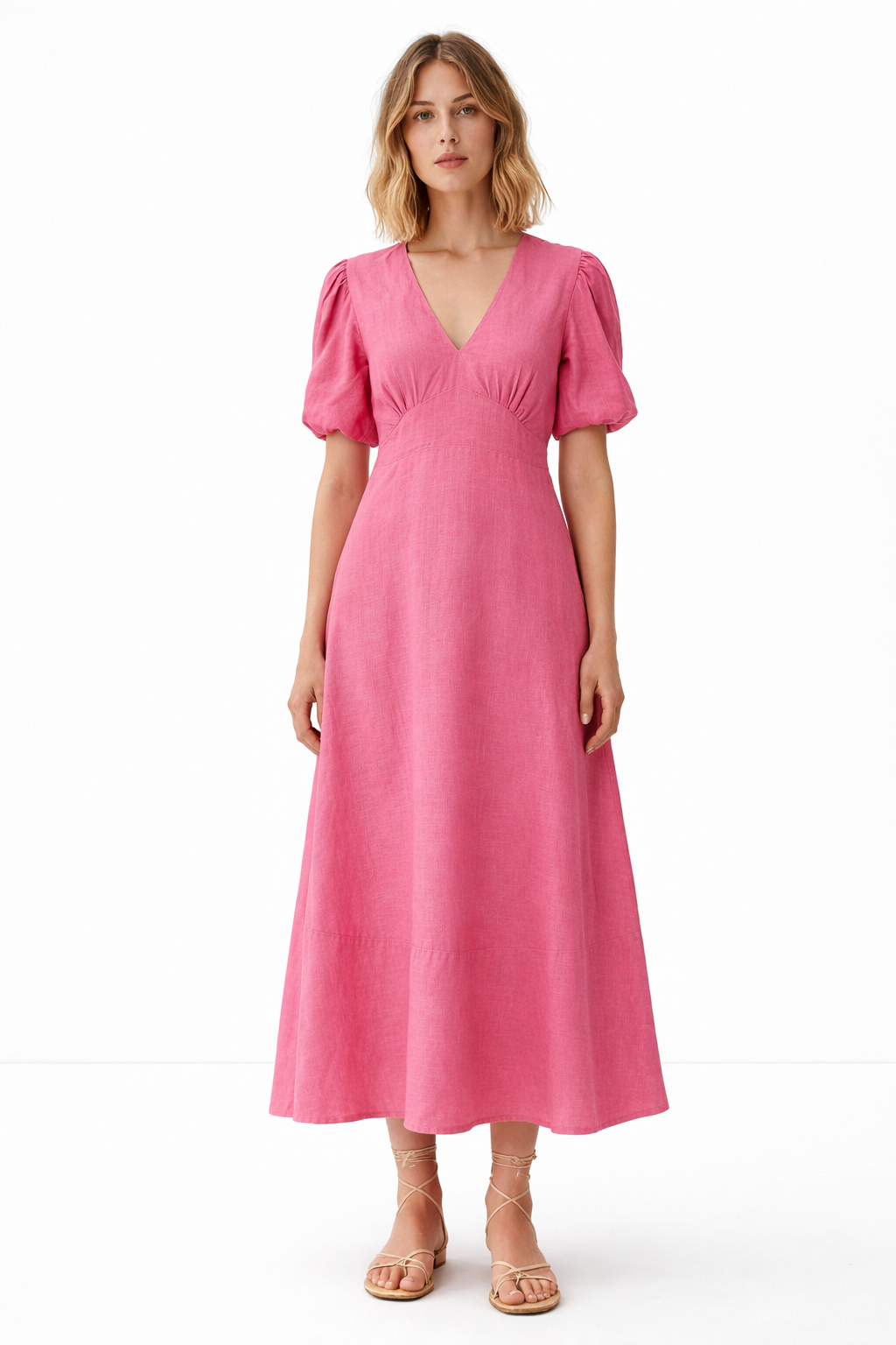 Meadow linen dress for women in pink with V-neck, puff sleeves and flowy silhouette