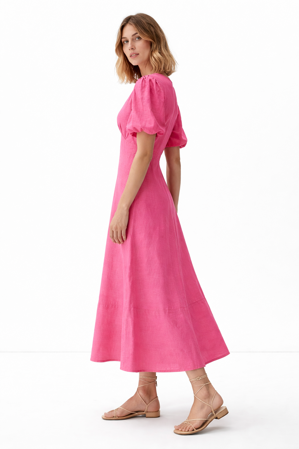 Side view of meadow linen dress for women showing relaxed fit and A-line shape