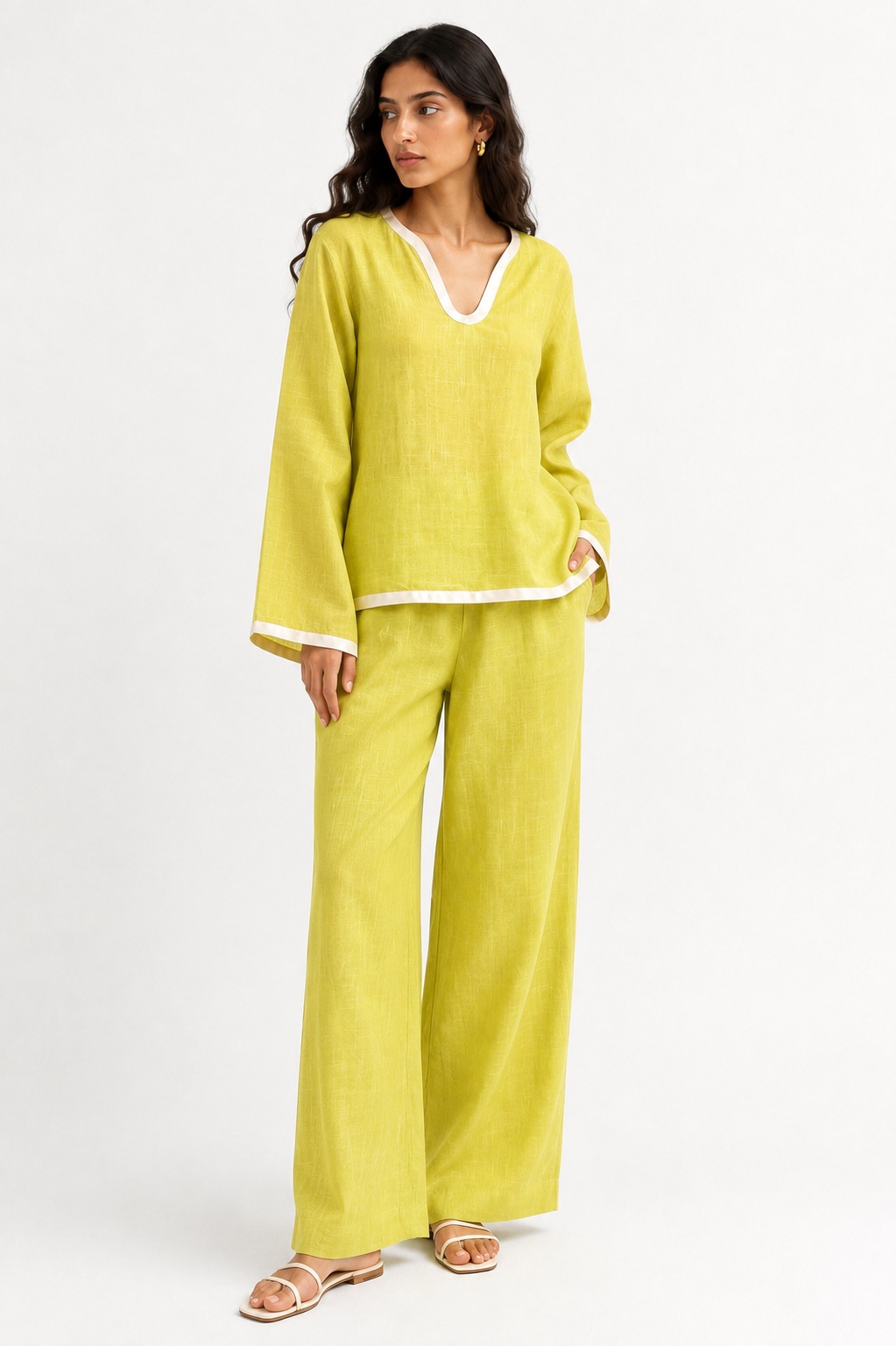 Full-length Meher linen co-ord set for women with wide-leg trousers