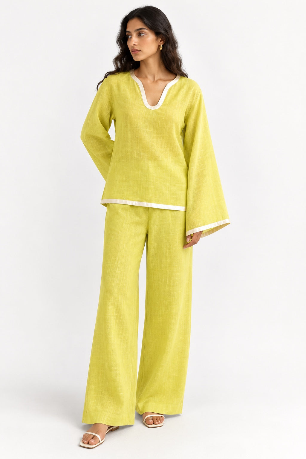 Meher linen set for women in lime green with satin border
