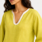 Meher linen set close-up showing linen texture and satin V-neck border