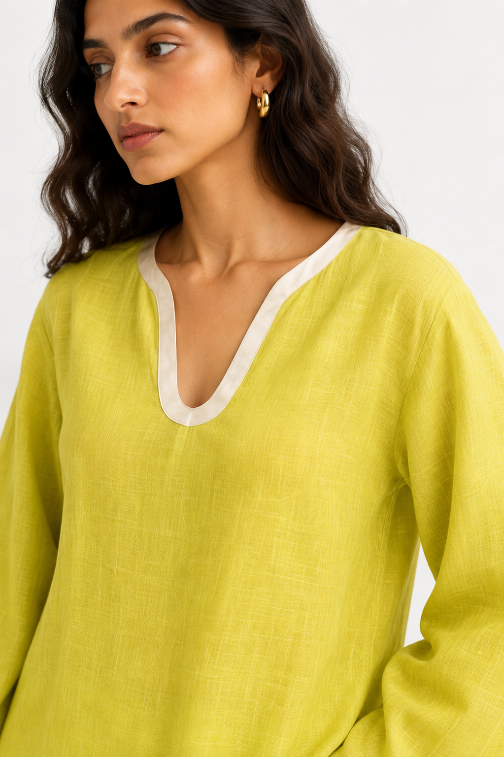 Meher linen set close-up showing linen texture and satin V-neck border