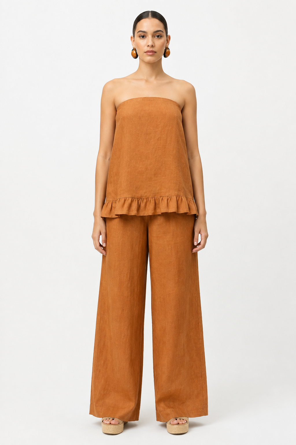 Meher rust linen co-ord set for women styled on model