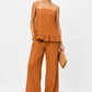 Meher Linen Set for Women in rust with strapless ruffle top and wide-leg pants