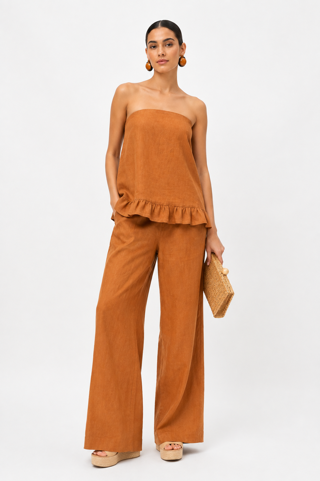 Meher Linen Set for Women in rust with strapless ruffle top and wide-leg pants