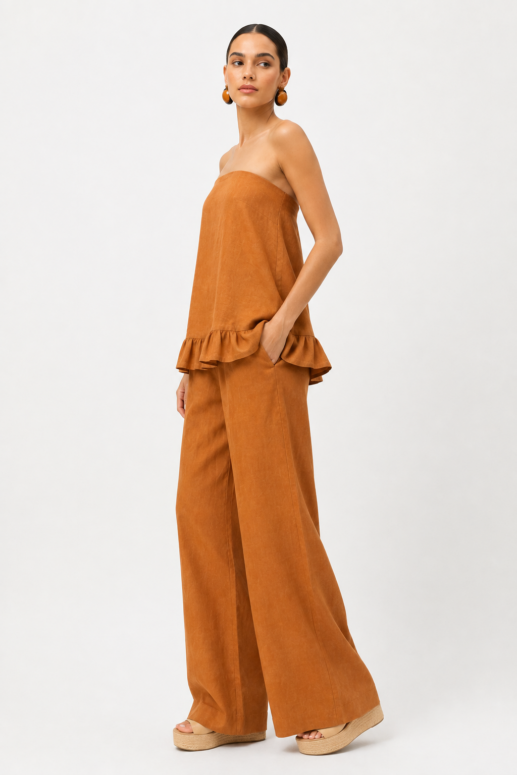 Side view of Meher Linen Set for Women showing the flowing wide-leg silhouette