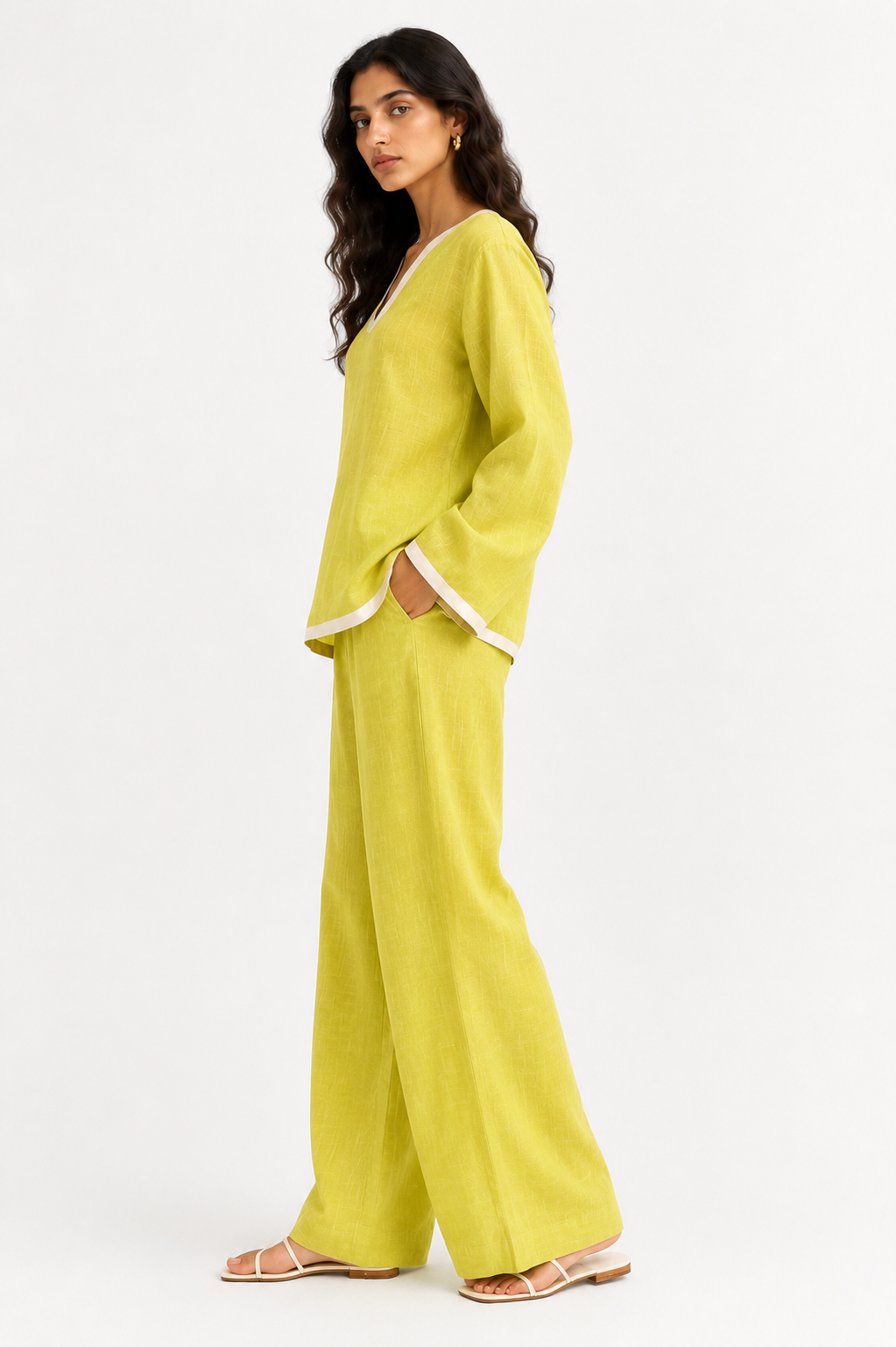 Side view of Meher lime green linen set for women