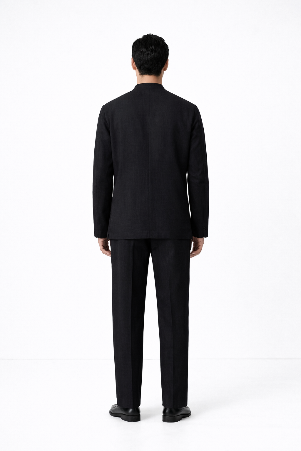 Midnight black linen jacket set for men – back view