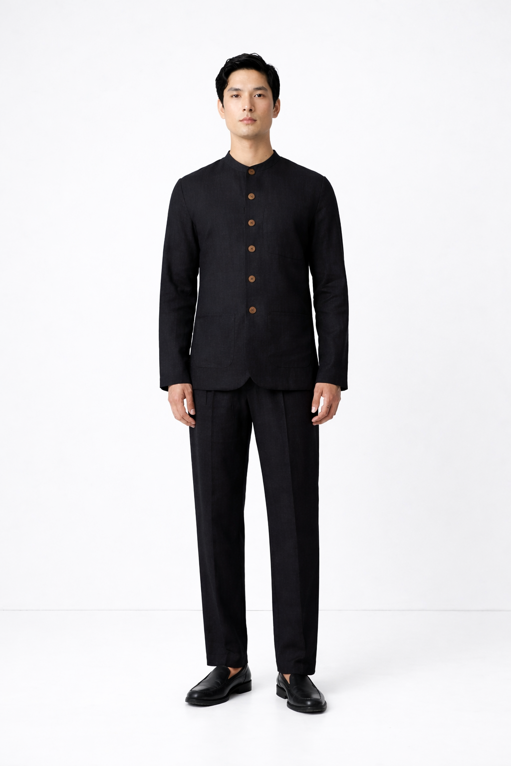 Midnight black linen jacket set for men – front view