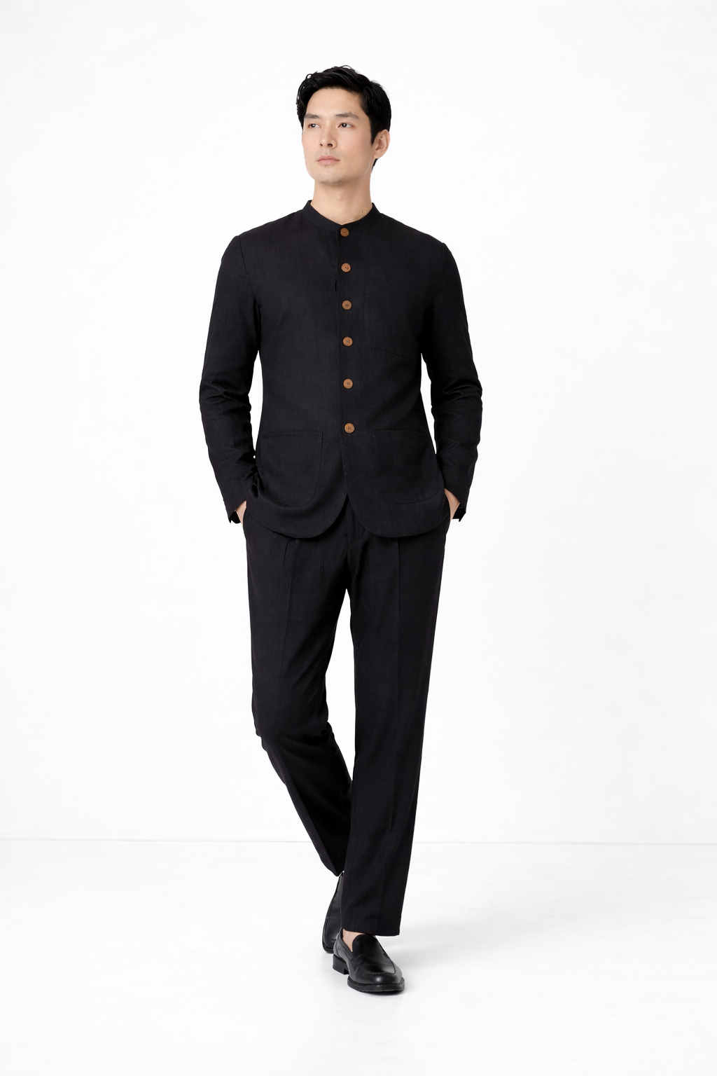 Midnight black linen jacket set for men styled for modern wear
