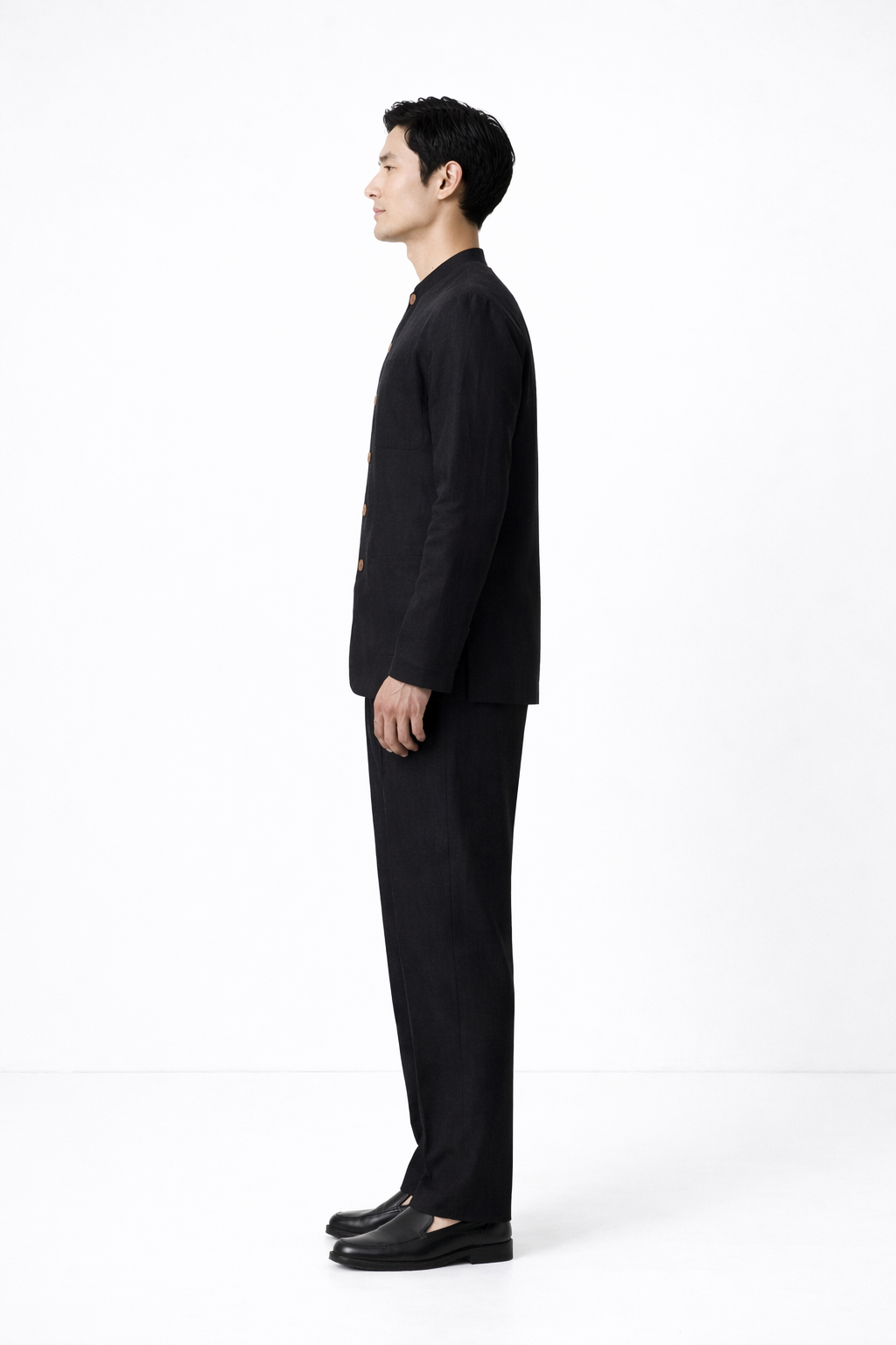 Midnight black linen jacket set for men – side profile