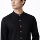 Close-up of pure linen fabric texture in midnight black jacket
