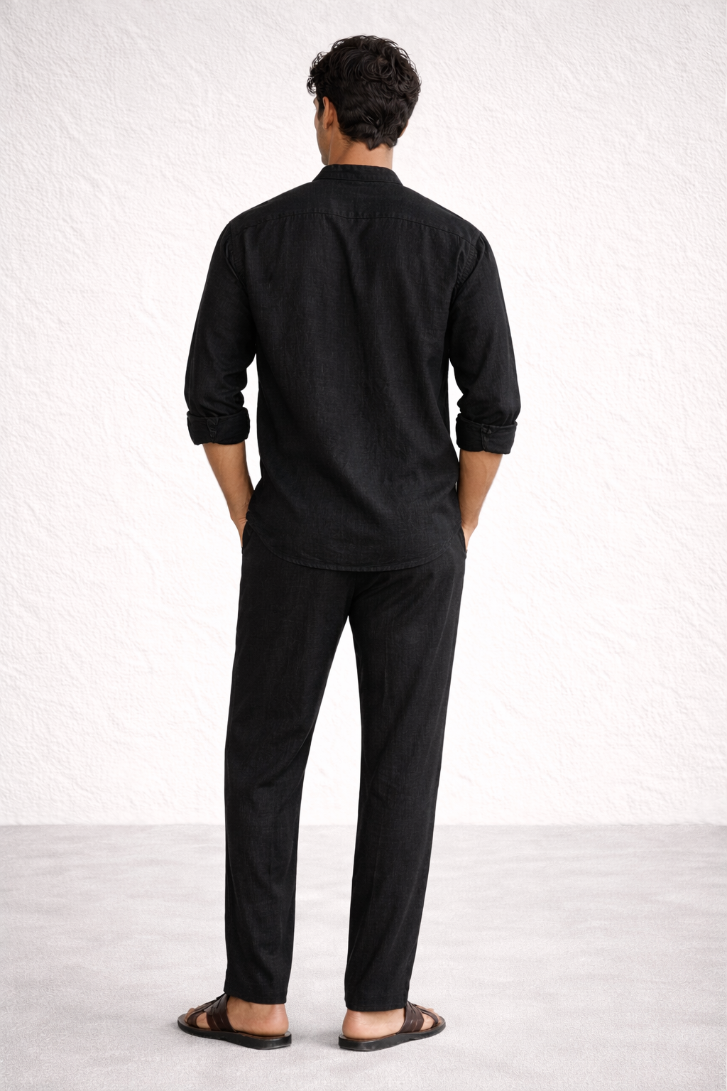 Back view of midnight black linen short kurta set for men