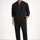 Midnight black short kurta linen set for men front view