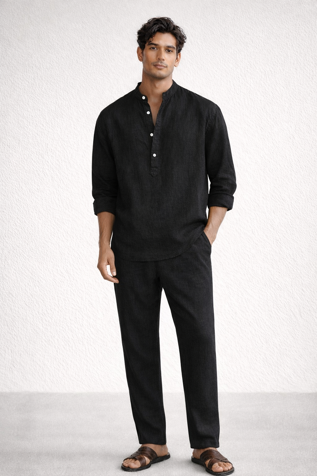 Midnight black short kurta linen set for men front view