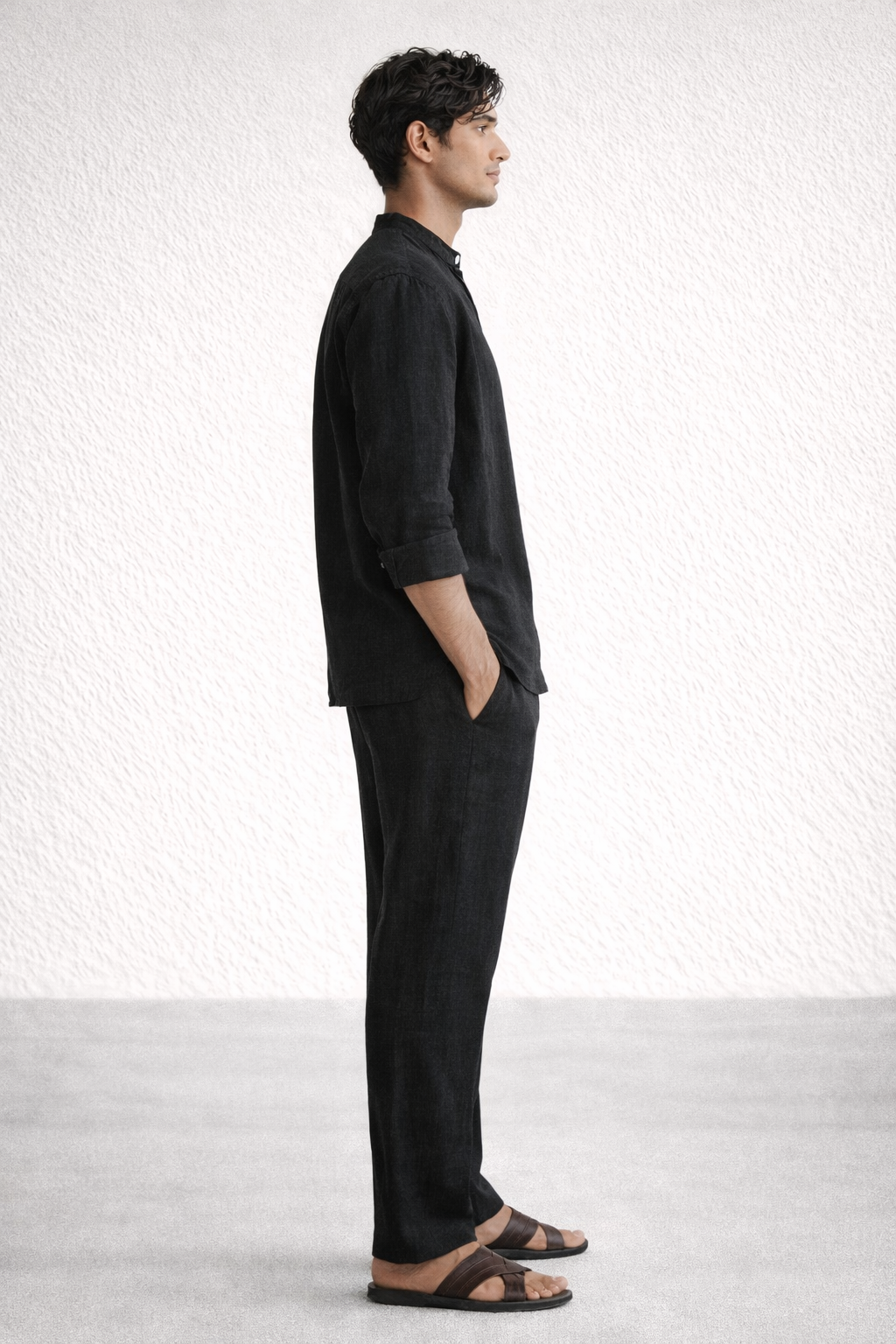 Side view of midnight black short kurta linen set for men
