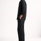 Side view of midnight black pure linen overshirt set showing breathable fabric and straight-fit trousers