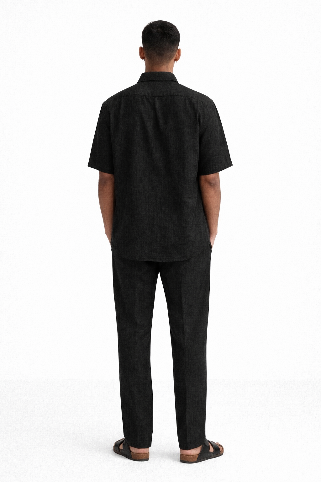 Back view of midnight black linen shirt and pants set for men