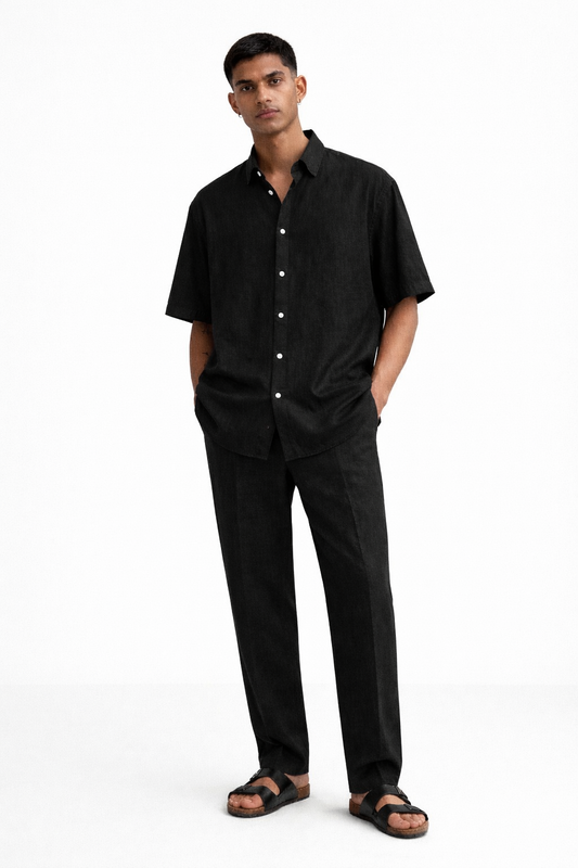 Midnight black linen half sleeves shirt and pants set for men – front view