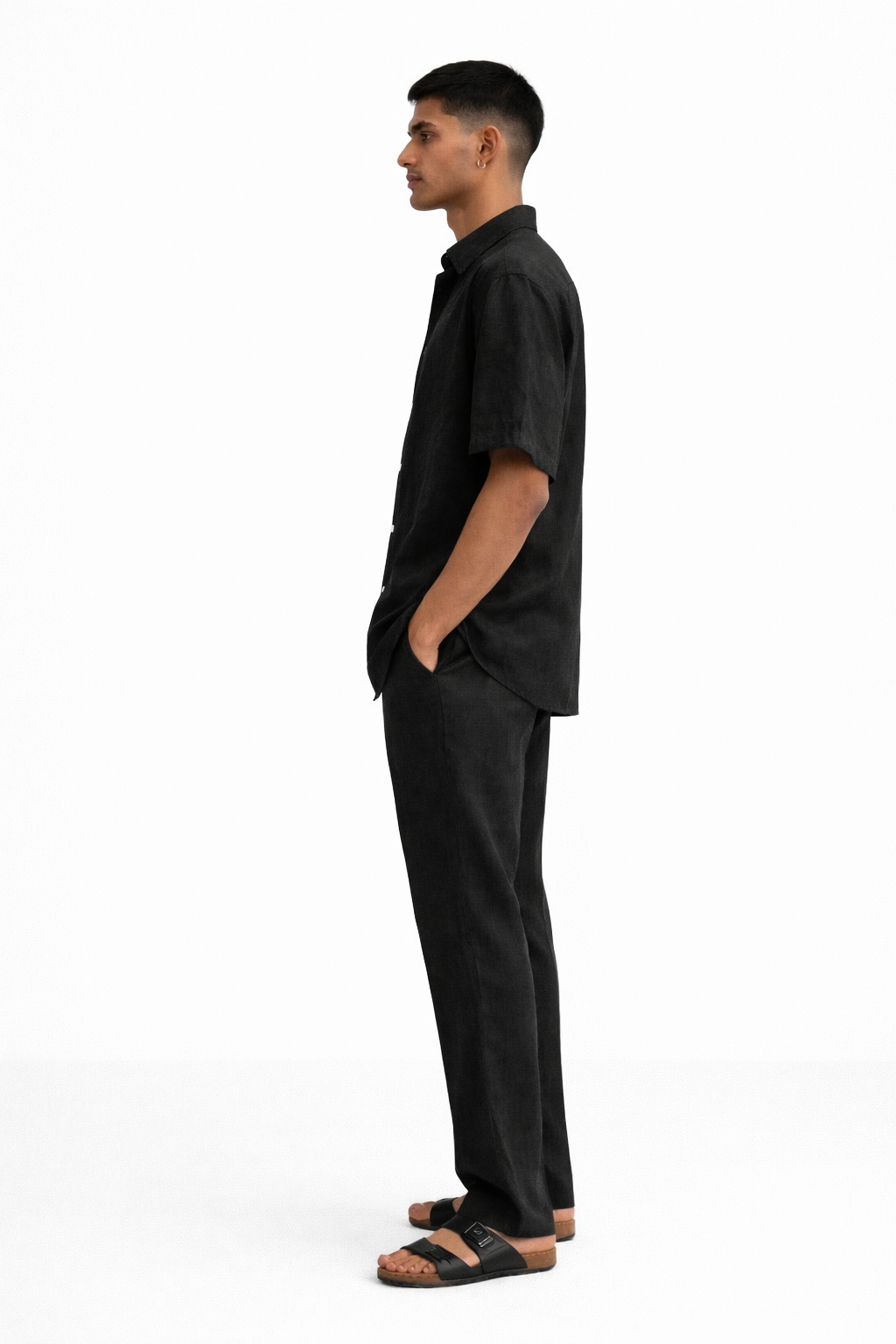 Side view of midnight black linen half sleeves shirt and pants for men