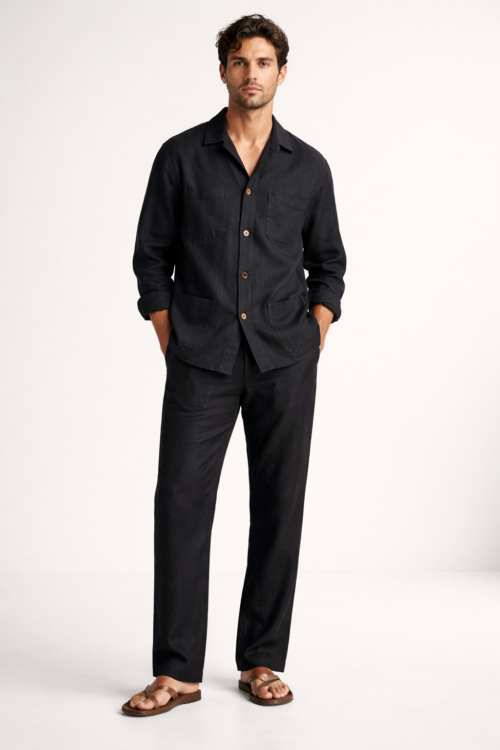 Men wearing midnight black pure linen overshirt and pant co-ord set with relaxed tailored fit