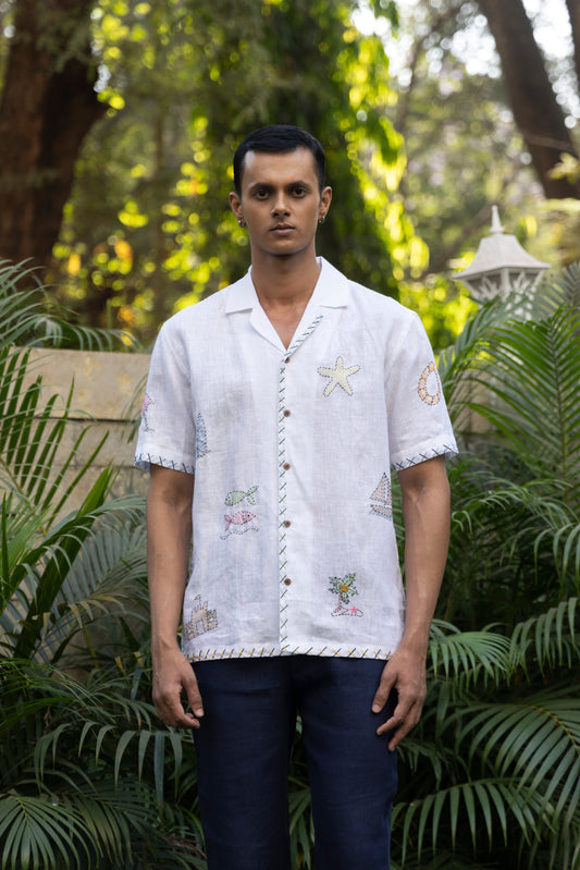 Beach Bliss Hand Embroidered Pure Linen Shirt