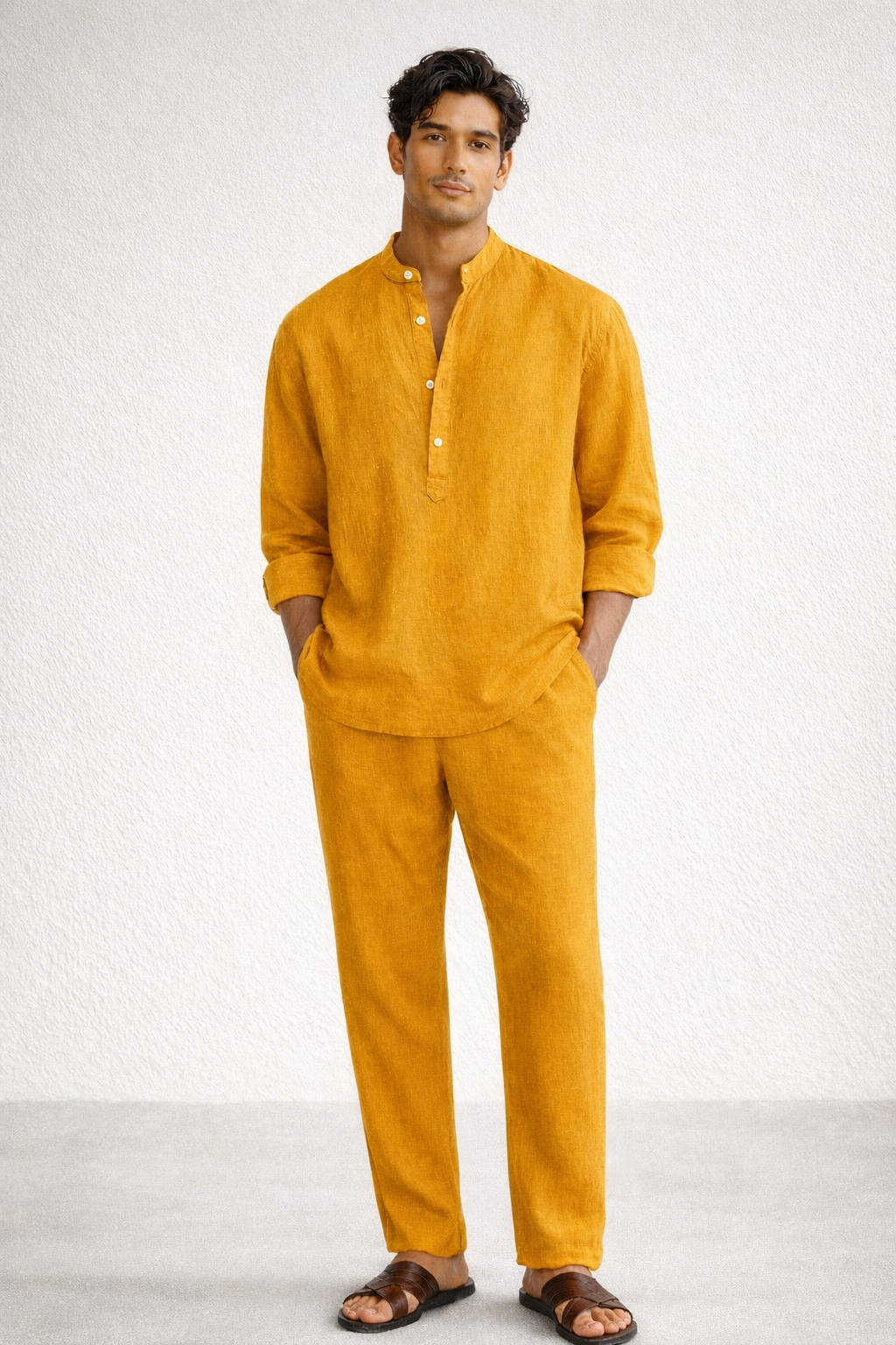 Mustard yellow short kurta linen set for men front view