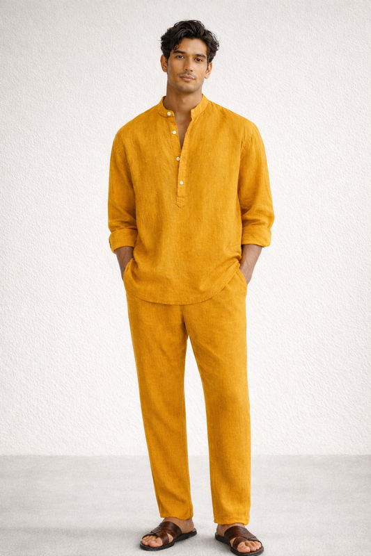 Mustard yellow short kurta linen set for men front view