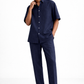Men’s navy blue linen co-ord set shown at a 45-degree angle