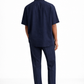 Back view of navy blue linen half sleeve shirt and pants set