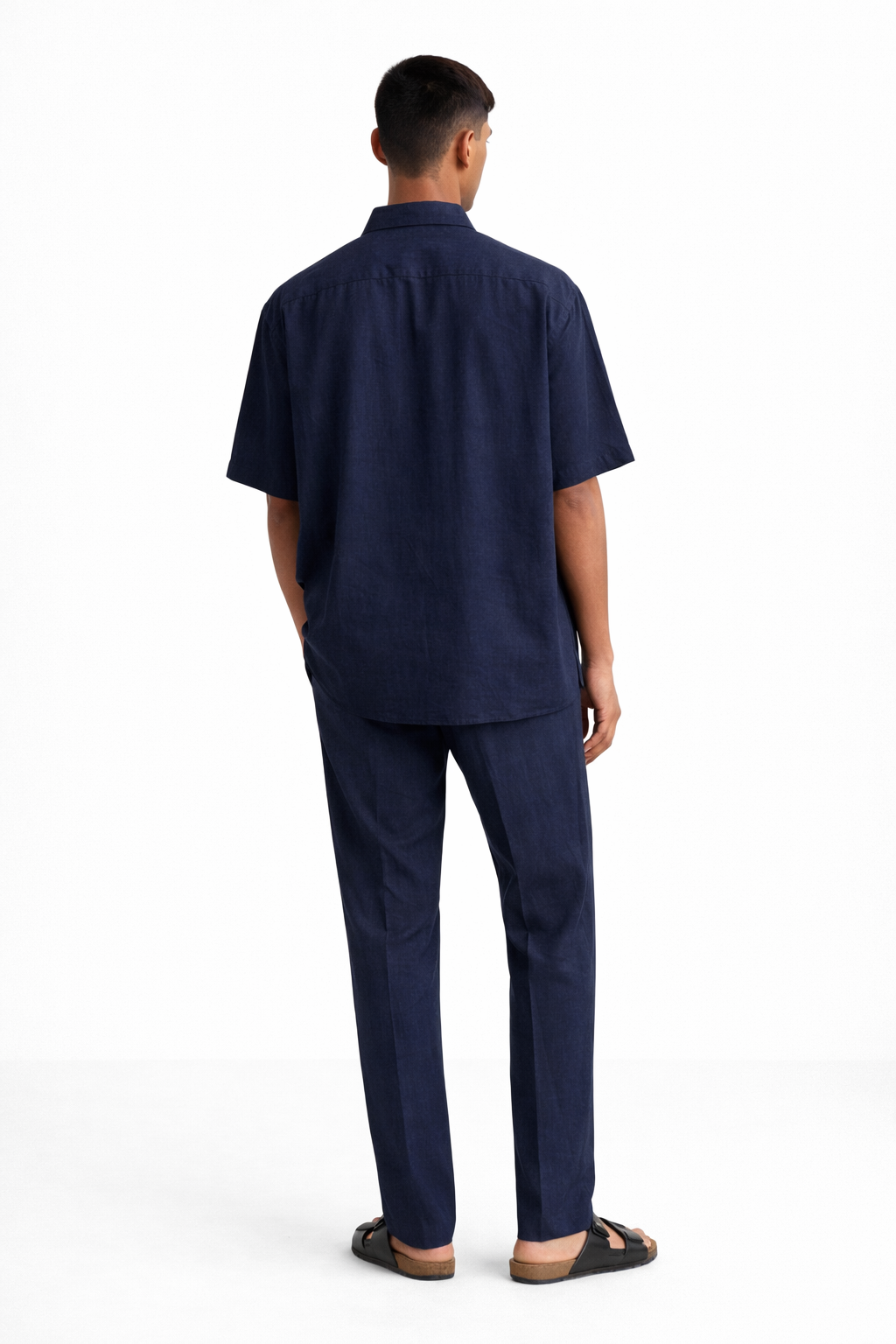Back view of navy blue linen half sleeve shirt and pants set