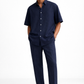 Navy blue linen half sleeve shirt and pants set for men – front view