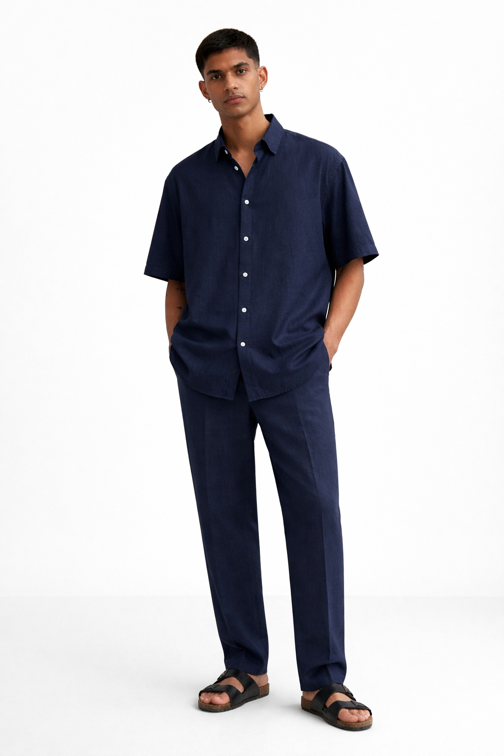 Navy blue linen half sleeve shirt and pants set for men – front view