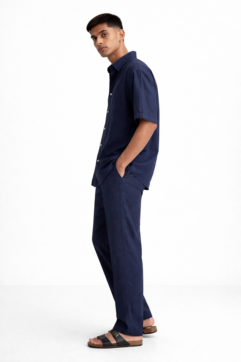 Side view of navy blue linen shirt and straight fit pants for men