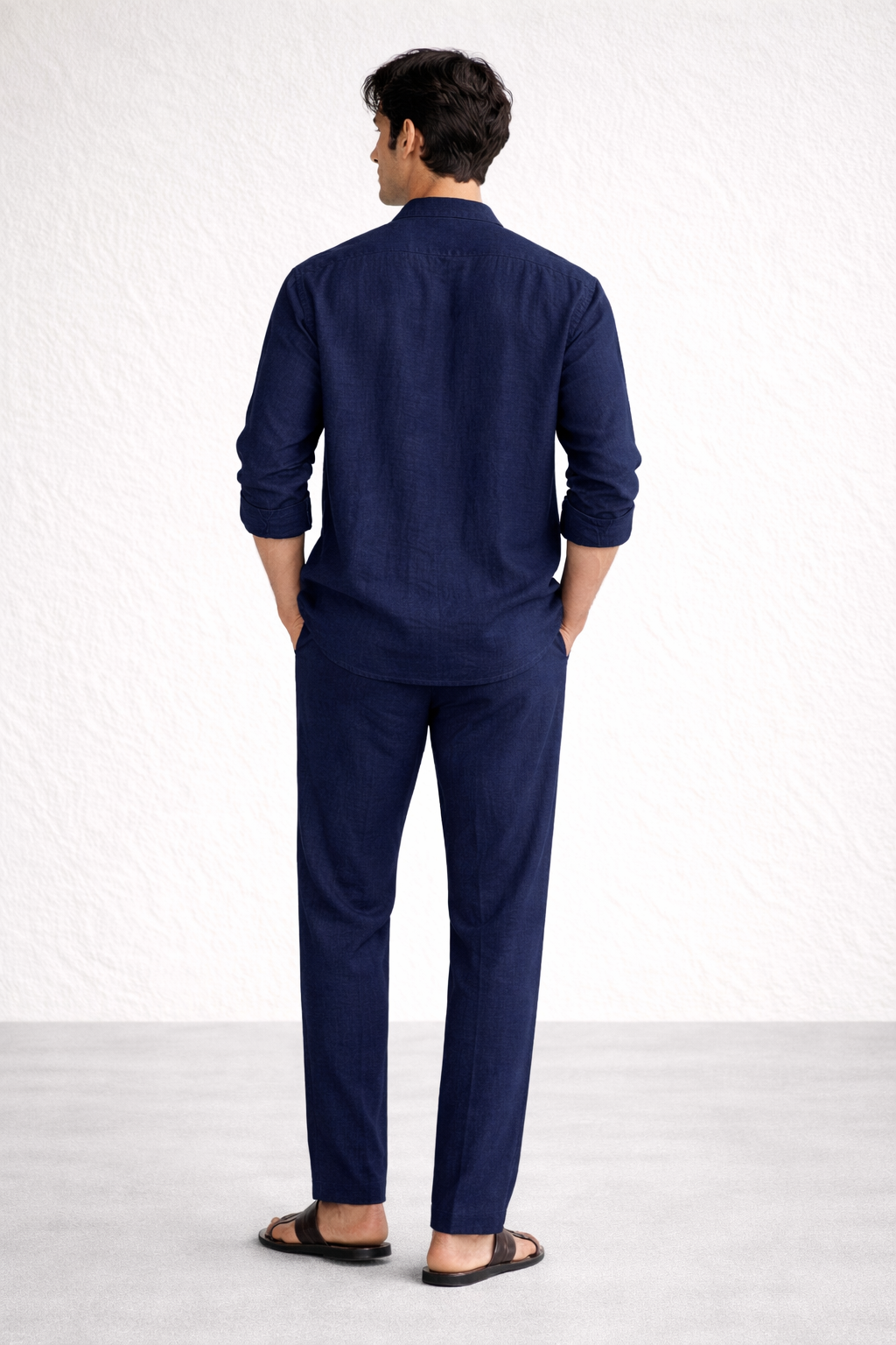 Back view of navy blue linen short kurta set for men