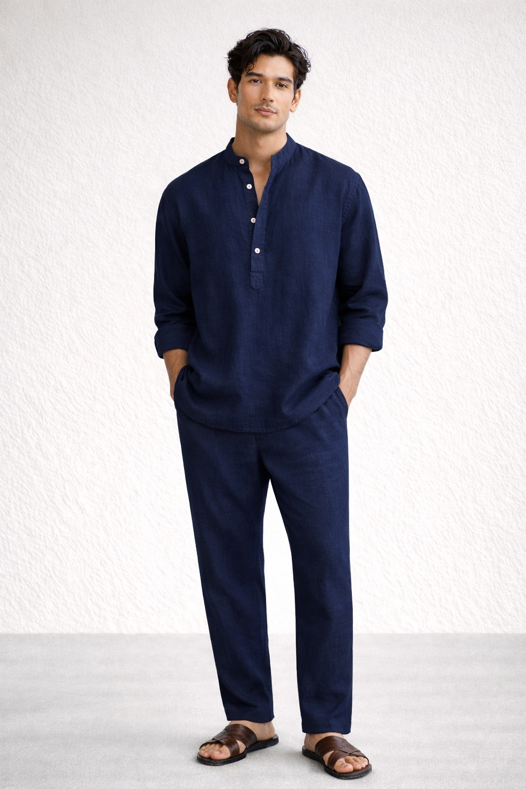 Navy blue linen short kurta set for men – front view