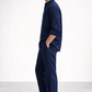 Side view of navy blue linen short kurta set for men