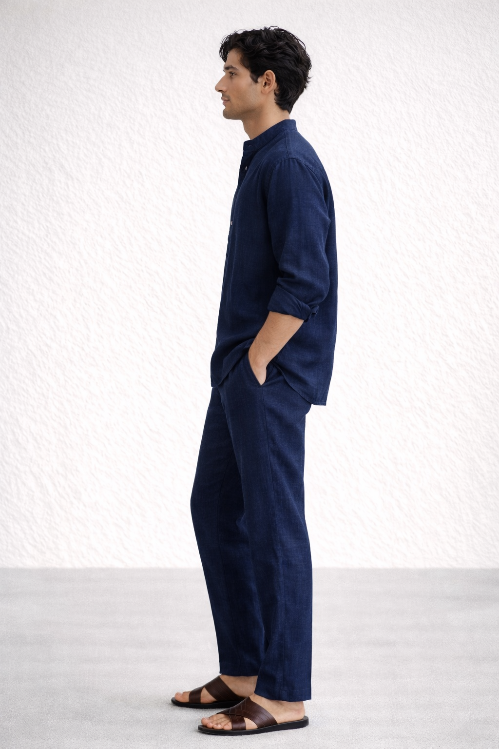 Side view of navy blue linen short kurta set for men
