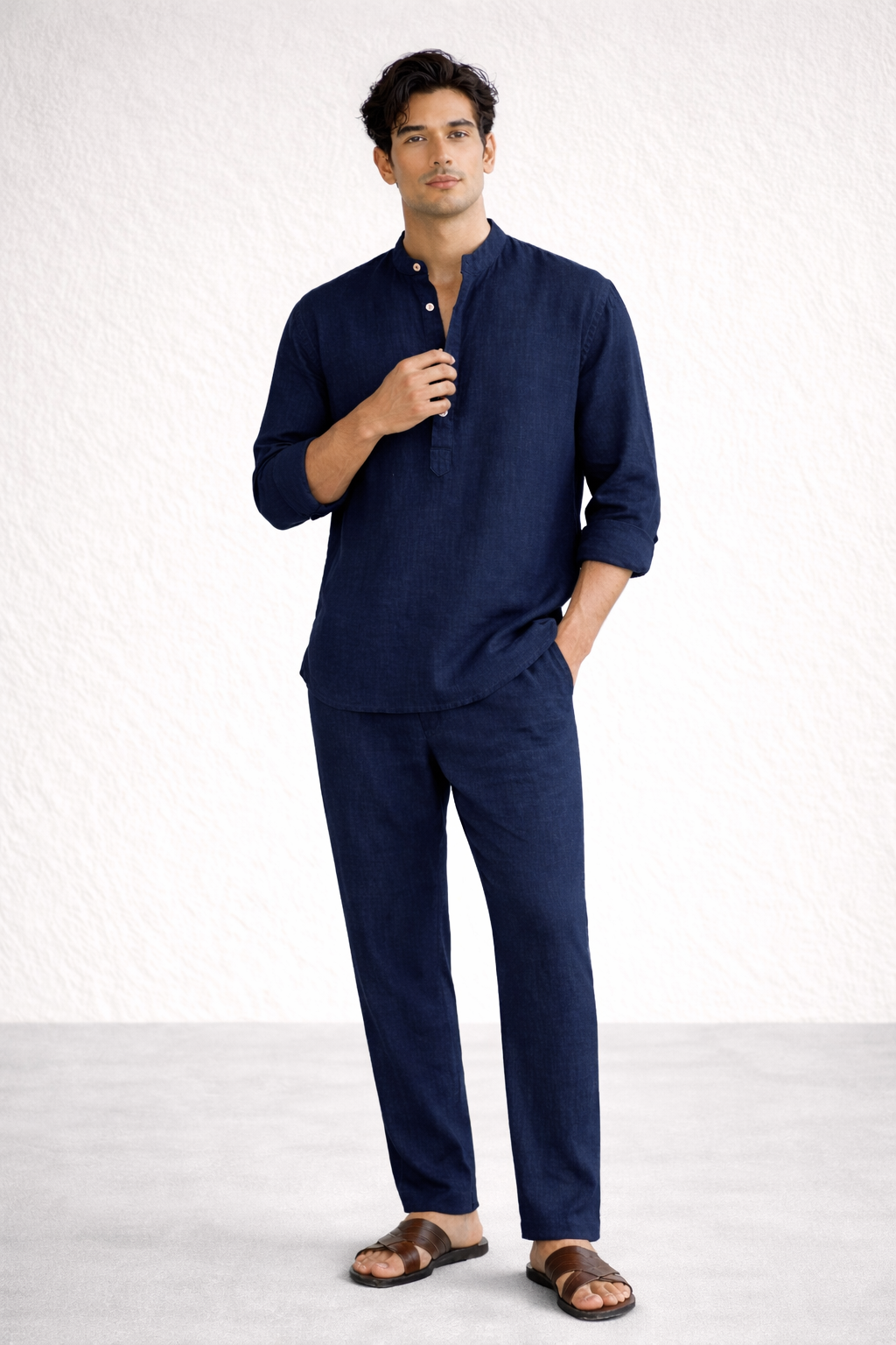 Navy blue linen short kurta set for men – styled
