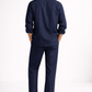 Back view of men’s navy blue pure linen overshirt set showing relaxed silhouette