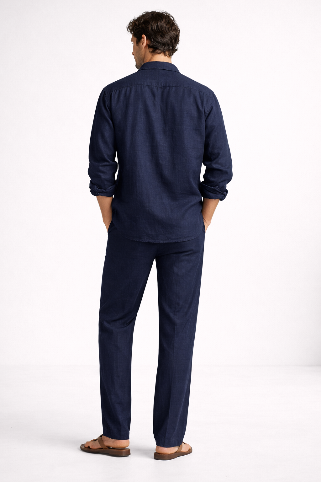 Back view of men’s navy blue pure linen overshirt set showing relaxed silhouette