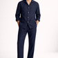 Navy blue pure linen overshirt set for men with relaxed tailored fit, front view
