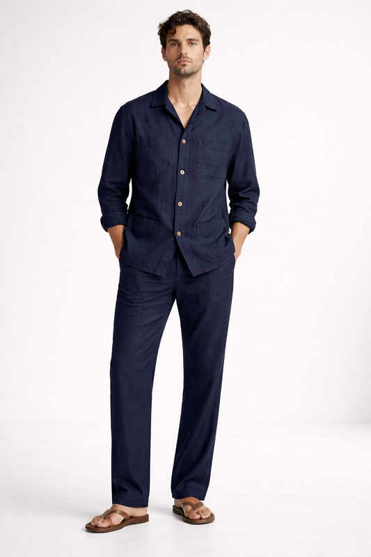 Navy blue pure linen overshirt set for men with relaxed tailored fit, front view