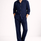 Men’s navy blue pure linen overshirt co-ord set styled for contemporary summer wear