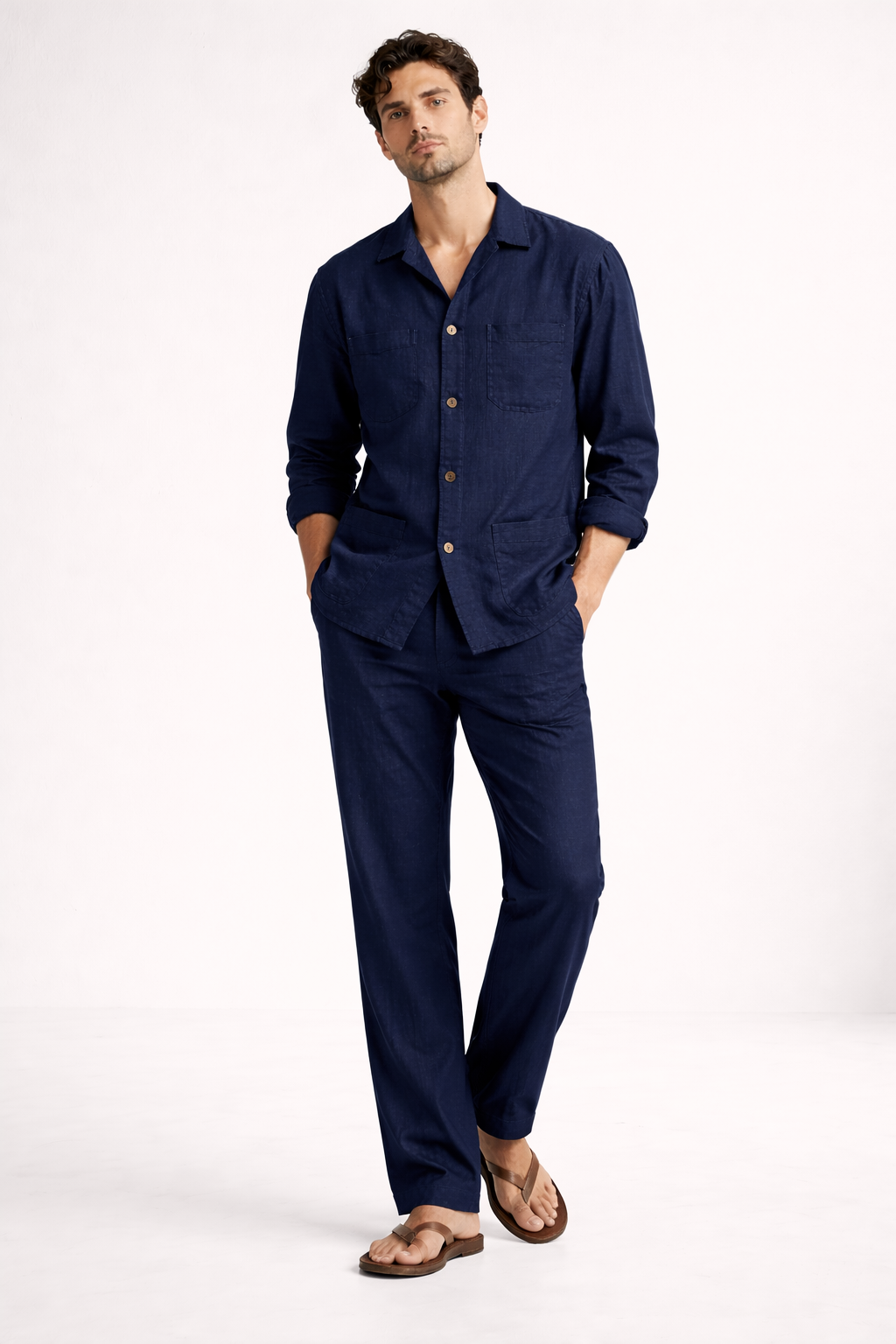 Men’s navy blue pure linen overshirt co-ord set styled for contemporary summer wear