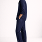 Side profile of navy blue pure linen overshirt and pant co-ord set for men