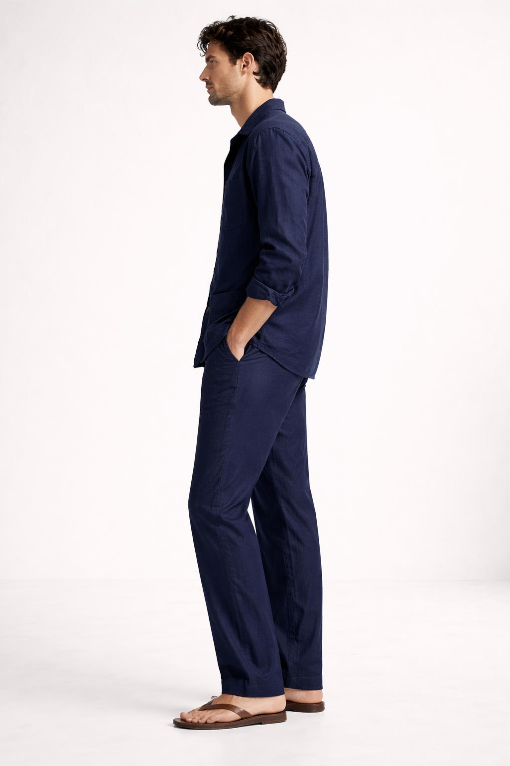 Side profile of navy blue pure linen overshirt and pant co-ord set for men